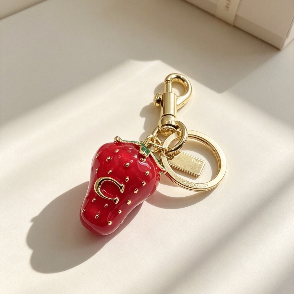 Coach Red Strawberry Enamel Key & Card Holder with Gold Hardware